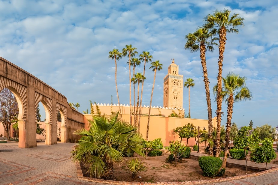 Landscape with garden and  Koutoubia Mosque on Marrakesh, Morocco