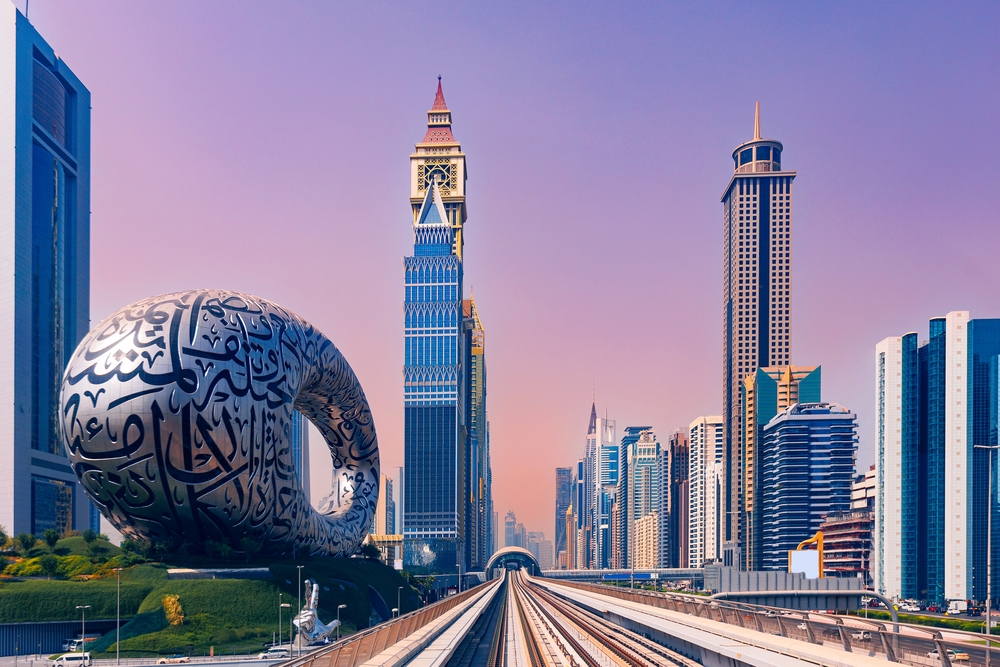 Dubai,Cityscape,,Modern,Metro,Railway,With,Skyscrapers,,Sunset.,Traffic,,Museum